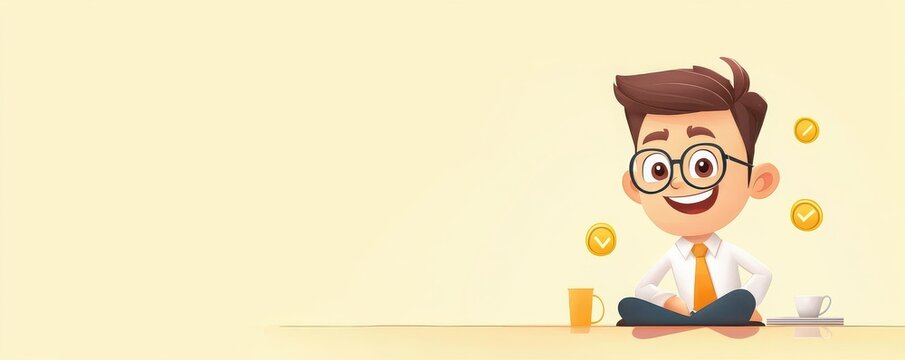 Professional cartoon character with vibrant tie surrounded by coins cheerful office setting character design digital art low angle view success concept