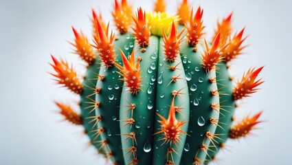 Vibrant Cactus with Orange Spines and Water Droplets on Thorns Isolated on White Background for Nature and Botanical Themes
