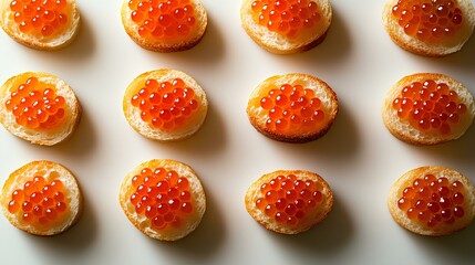 Top view of caviar on white bread, food photography, delicious canapés of red salmon roe drizzled