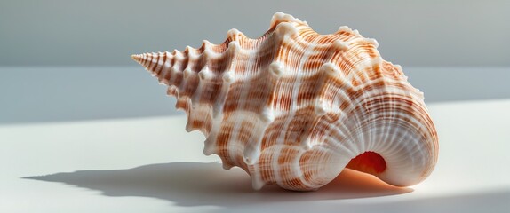 Obraz premium Elegant seashell displayed on a white background highlighting its intricate patterns and natural beauty for coastal or marine themed designs.