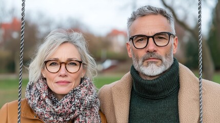 Mature couple portrait, park swing, autumn day, relationship