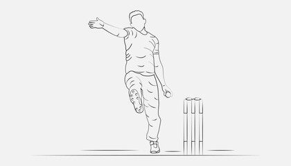 Concept of Run Out Playing Cricket - championship, Line art design Vector illustration. 