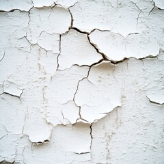 A close-up of cracked, peeling white paint on a textured surface, revealing an aged and weathered appearance.