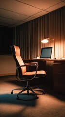 Quiet office space with an empty chair and warm lighting during late evening hours