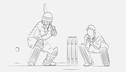 Concept of Batsman Playing Cricket - championship, Line art design Vector illustration. with Wicketkeeper