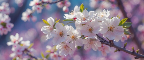 Obraz premium Delicate white cherry blossom flowers blooming on branches with soft pastel background creating a serene and picturesque spring scene