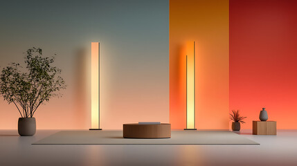 Modern minimalist lighting design showcase contemporary living room interior decor warm color palette wide angle view aesthetic inspiration