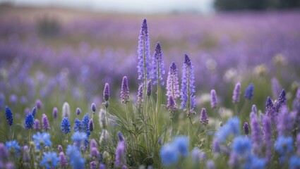 Vibrant Field of Purple and Blue Wildflowers in Soft Light Under a Clear Sky