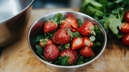 Seasonal organic strawberries and greens prepared for a fresh salad at a local market during summer