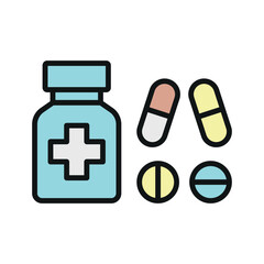 Pill medical icon is a simple vector illustration of a capsule and tablet, perfect for representing medication