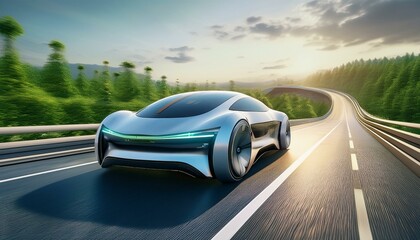 Naklejka premium Futuristic Self-Driving Electric Car Racing on Highway, 8K Cinematic Rendering / 高速道路を駆け抜ける未来の自動運転EVカー、8Kシネマティックレンダリング