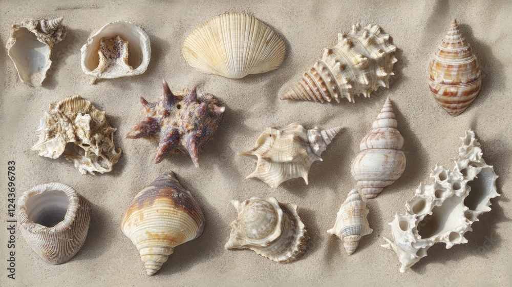Poster A collection of various seashells displayed on a sandy surface.