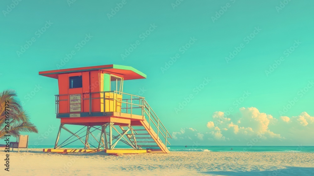 Poster a colorful lifeguard tower on a serene beach, surrounded by soft clouds and calm waters.