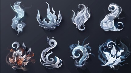 Collection of ten unique abstract smoke and fire design elements. Each design features intricate swirling patterns, conveying a sense of ethereal beauty and mystic power.