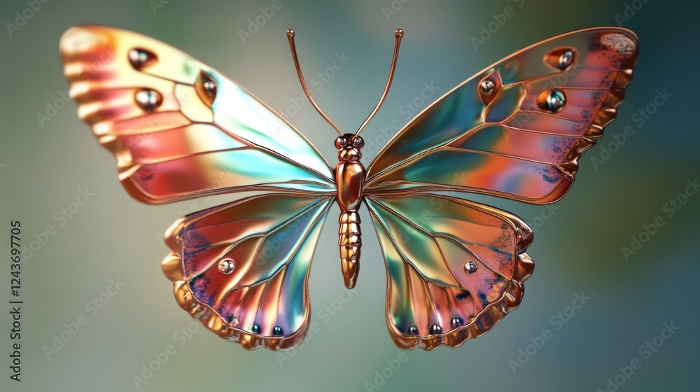 Poster a colorful, metallic butterfly with intricate details and a shimmering appearance.