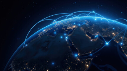 Global network connections over Earth at night, showcasing illuminated cities and data flow