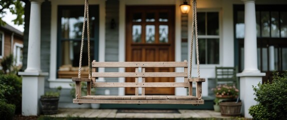 Charming Wooden Swing Hanging In Front Of A Cozy House With A Welcoming Porch And Lush Greenery Surrounding It