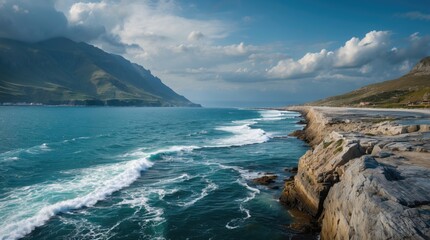 Serene coastal landscape showcasing the dramatic meeting of sea and land with rugged cliffs and rolling waves under a cloudy sky.