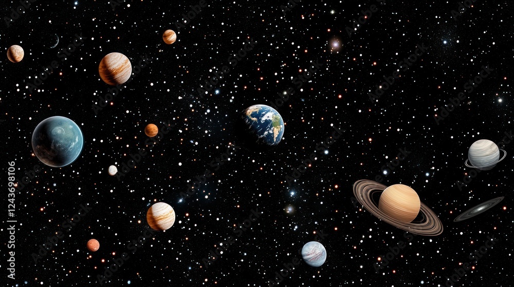 Poster a cosmic scene depicting various planets in a star-filled space background.