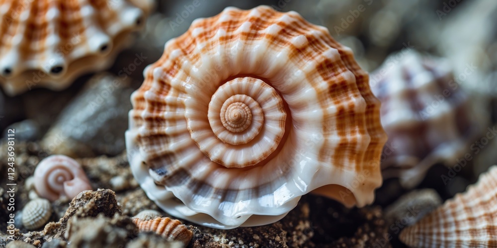 Poster close-up of a beautifully patterned seashell resting on sandy beach with pebbles and empty space for