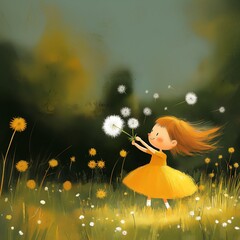 Girl in yellow dress playing with dandelions in a meadow. Whimsical illustration with vibrant greenery and warm tones. Playful childhood concept for card, poster, and wallpaper design.