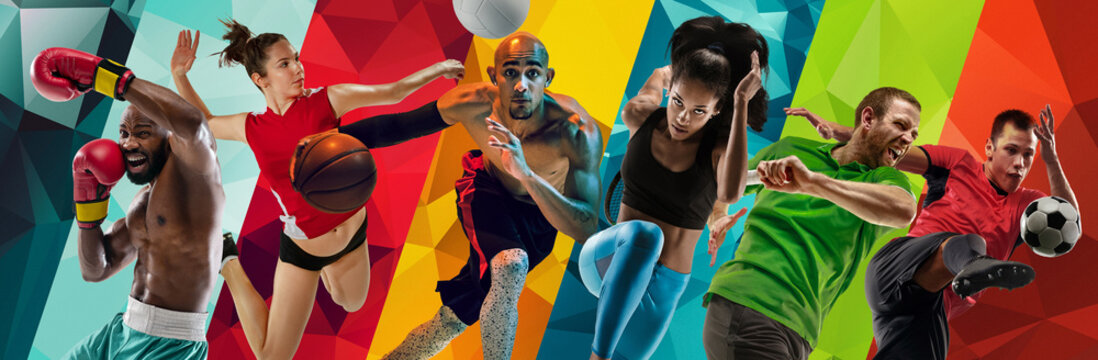 Multisport diversity. Athletes engaged in boxing, basketball, volleyball, soccer, and tennis game. Strength, teamwork and determination. Concept of professional sport. Horizontal banner, ads.