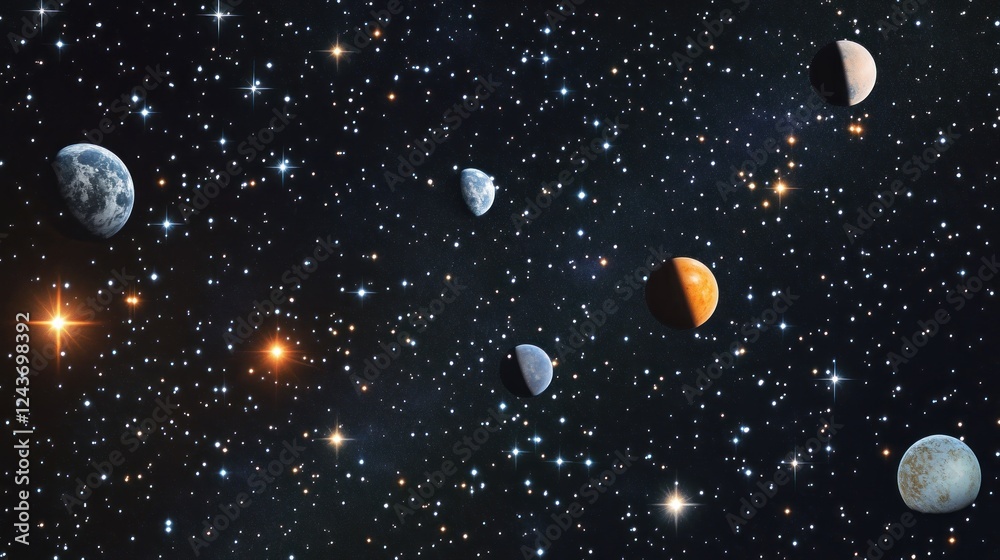 Aufkleber a cosmic scene featuring multiple planets in a starry space background.