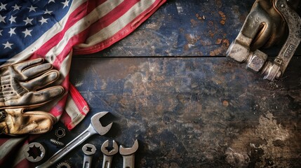 American Flag with Rusty Tools and Work Gloves on Dark Wood Background