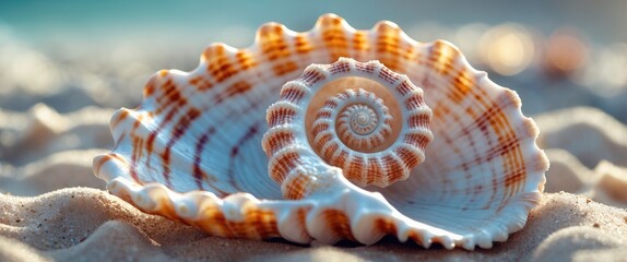 Obraz premium Intricately patterned sea shells displayed on sandy beach evoking a sense of coastal beauty and natural elegance