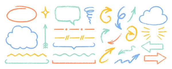 Cute Crayon Pencil Emphasis Squiggles Vector Set. Chalk Scribble Graffiti Arrows Frames Speech Bubbles Underlines. Hand Drawn Brush Texture Star Shapes Highlights. Pencil Childish Charcoal Doodles