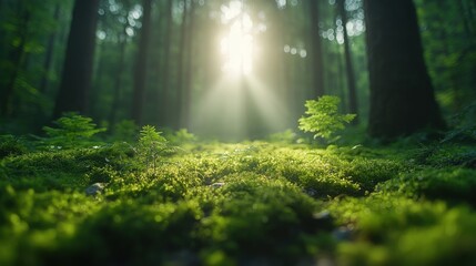 Obraz premium A glowing leaf stands out in a tranquil forest, symbolizing nature's quiet beauty and serenity.