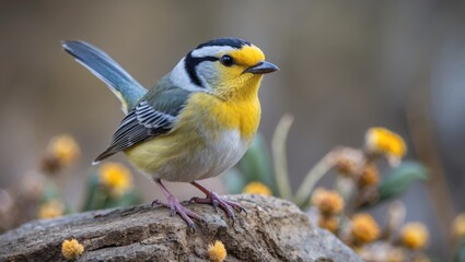 Vibrant close-up portrait of a Great Tit bird perched on a rock amidst colorful floral background showcasing its distinctive features and colors.