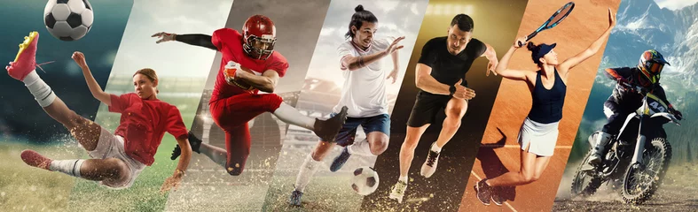 Gordijnen Outdoor sports. Players in football, soccer, tennis, and motocross captured in intense motion, set against natural and stadium backdrops. Concept of professional sport. Horizontal banner, ads. © master1305