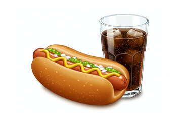 Illustration of a hotdog sandwich with glass of coke, isolated on white background