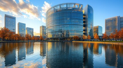 Modern city architecture reflected in calm water at sunset