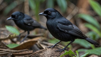 Small black birds perched on the forest floor among foliage in Cuba, showcasing their natural habitat and intriguing behavior.