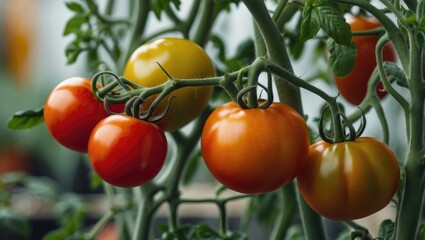 Ripe and unripe tomatoes growing on a lush green tomato plant in a garden setting showcasing vibrant colors and healthy foliage.