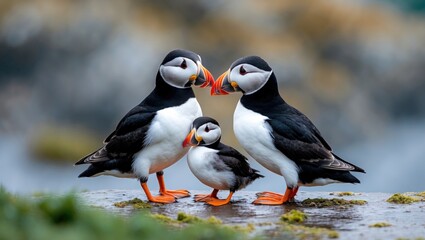 Fototapeta premium Atlantic Puffins Family Together with Young Bird on Rock Natural Habitat Setting