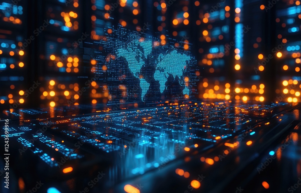 Poster Advanced data center with glowing blue and orange lights and a digital world map interface, perfect for illustrating global networks, big data, and cybersecurity concepts