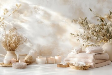 Obraz premium Conjunto de itens de spa com toalhas, velas e elementos decorativos em tons neutros, capturados com luz natural suave, criado com IA generativa.