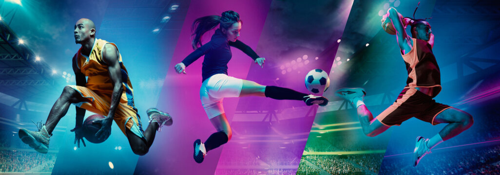 Stadium energy. Athletes in basketball, soccer, and volleyball in motion during game. Adrenaline, skill, and energy. Neon lit sport arenas. Concept of professional sport. Horizontal banner, ads.