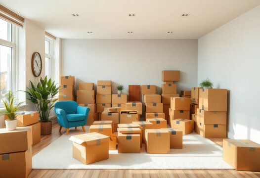 Una habitaci&oacute;n moderna llena de cajas de cart&oacute;n
