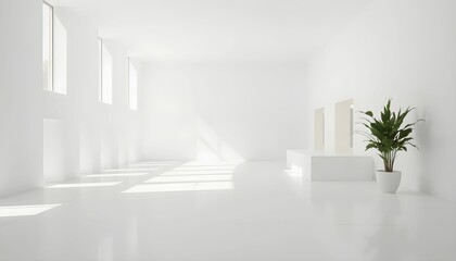 Obraz premium Modern Minimalist White Room Interior Design with Sunlight and Plant