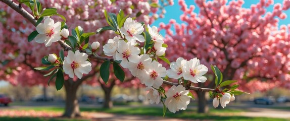 Peach tree branch with white flowers surrounded by blooming pink peach trees on a sunny spring day in a vibrant landscape.