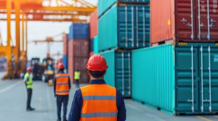 A team of dockworkers efficiently unloading cargo containers from a large freight ship at a bustling commercial dockyard