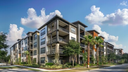Obraz premium Apartment complex with modern design, balconies, and amenities. stock photo --ar 16:9 --style raw --v 6 Job ID: 84c91676-1a42-4708-947e-c56b20d5b663