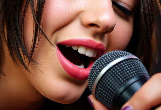 Cerca de una mujer joven con boca sensual de joven cantante cerca del micr&oacute;fono
