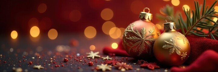 Ornate golden baubles on plush velvet, glittering bokeh, abstract, rich, backdrop