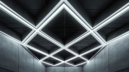 Obraz premium Geometric LED ceiling lights in a modern concrete room.