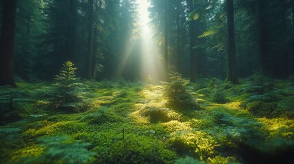 Obraz premium A glowing leaf stands out in a tranquil forest, symbolizing nature's quiet beauty and serenity.